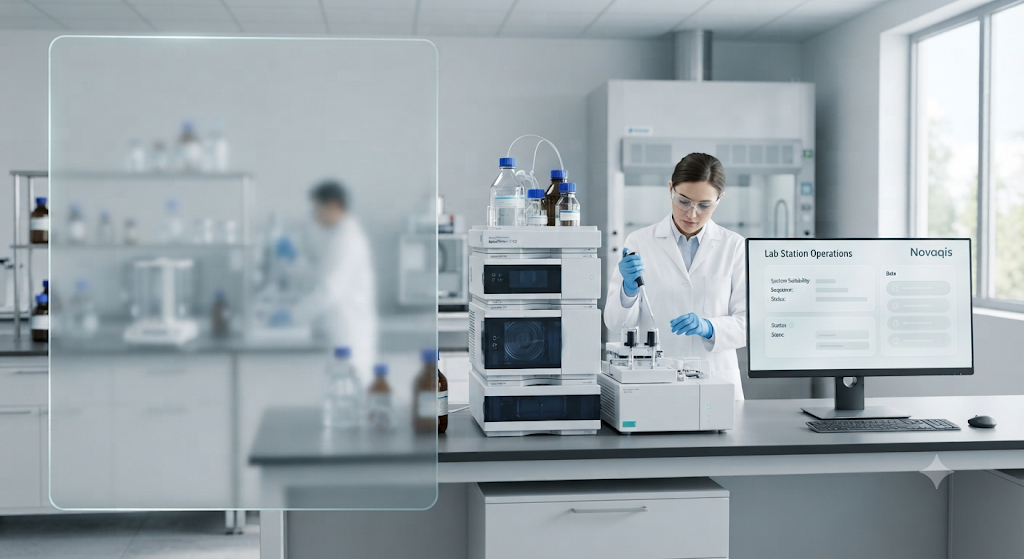 QC scientist operating an HPLC stack beside a Novaqis lab operations workstation