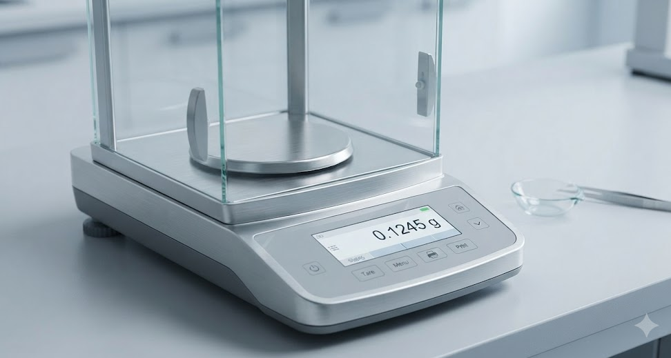 Analytical balance displaying a precise weight reading