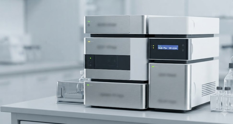 Modular HPLC chromatography stack ready on a lab bench