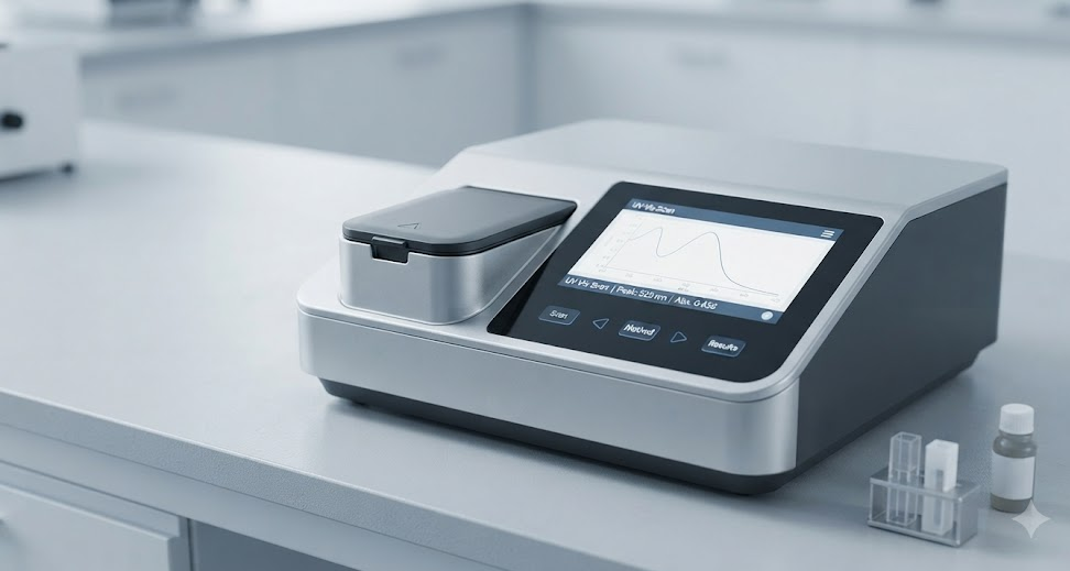 UV-Vis spectrophotometer showing a spectral scan peak
